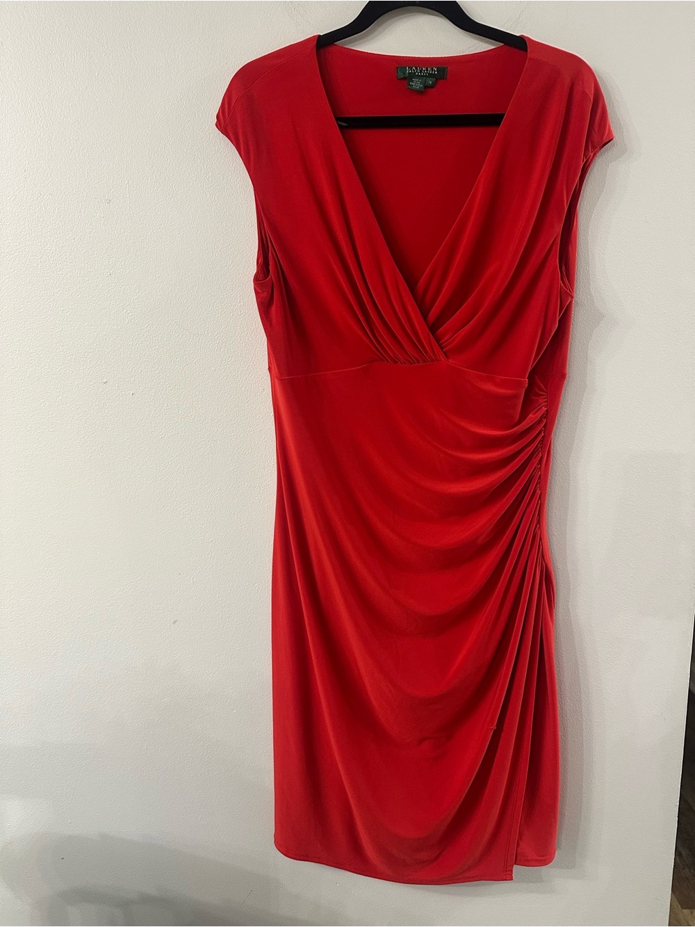 Ralph Lauren Vibrant Red Ruched V-Neck Midi Dress